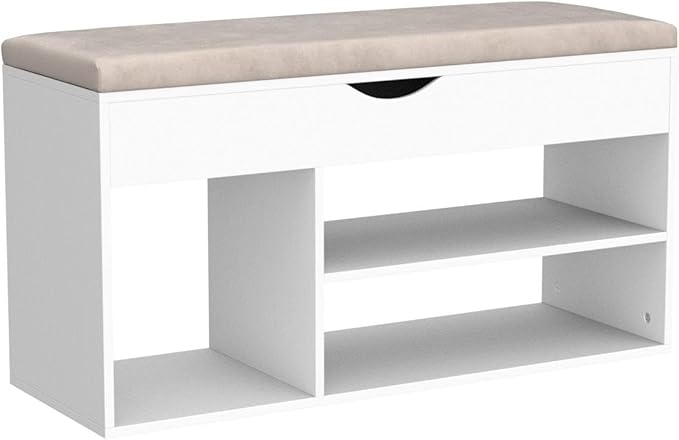 Apicizon 39 Inches Storage Bench with Padded Cushion, Shoe Bench with Storage Space, Upholstered Entryway Bench for Living Room, 2-Tier Shoe Rack Organizer, White