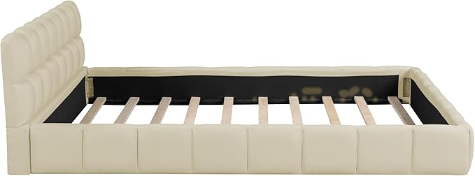 Merax Modern Queen Upholstered Bed Frame with Wingback, Linen Low Plattform Bed, No Box Spring Needed Beige