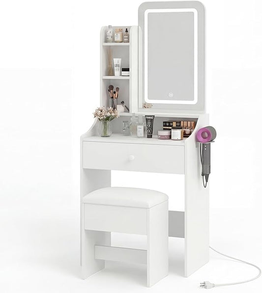 DUMOS Makeup Vanity Desk, Vanity Table Set with Mirror and Lights, Small Vanity with Storage Bench, Charging Station and Hair Dryer Holder, Dressing Table with Drawer and Three Shelves, White