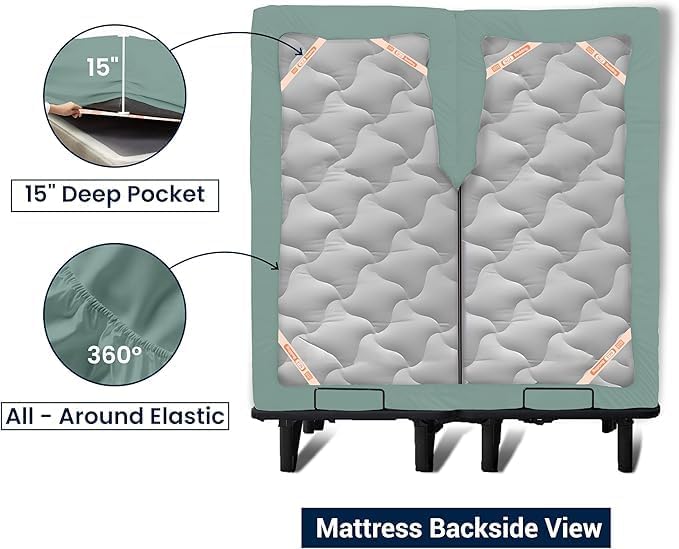 SGI bedding 36" King Split Top Flex Head Sheet 100% Egyptian Cotton 1000 TC Flex Top Sheets for Adjustable Bed 4Pc Set 15 inch Deep Pocket for Sleep Number Bed - Aqua Green