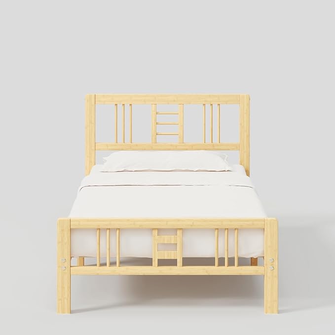 10 Inch High Bamboo Twin Bed Frame with Headboard and Footboard, Wood Bed Frame Twin Metal Slat Support Heavy Duty, No Box Spring Needed, Easy Assembly, Noise Free, Reinforced