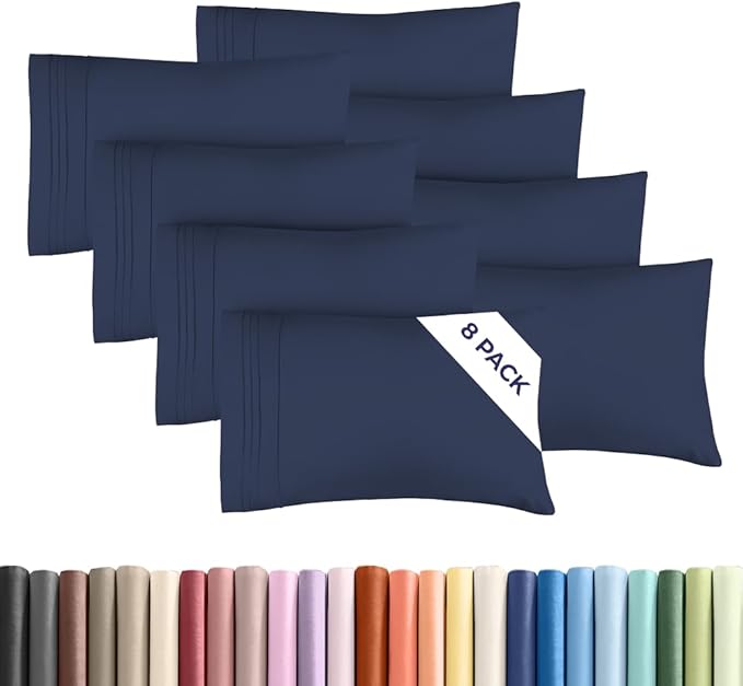 Standard Pillow Cases Set of 8 - Ultra Soft Hotel Quality Pillowcase Covers - Comfy, Cozy & Wrinkle Free - Shrink, Stain & Fade Resistant - Machine Washable Pillow Protectors - 8 Piece Set - Navy Blue