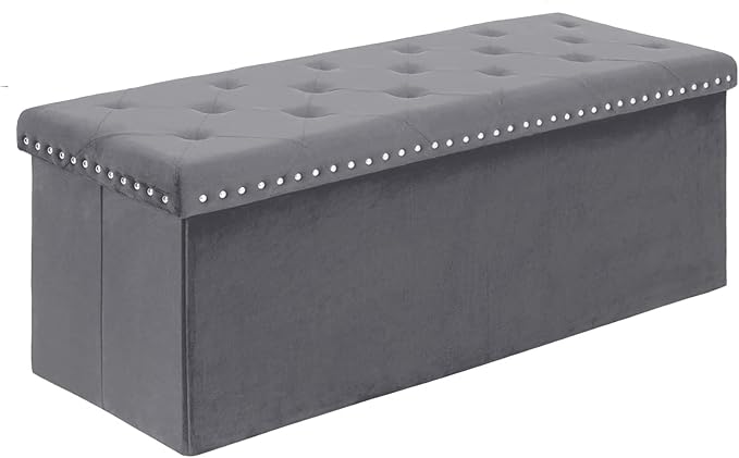 PINPLUS Storage Ottoman Bench with Benches Foot Rest Stool, Large Long Folding Velvet Shoes Chest for Bedroom, Living Room,（Grey） 43.3"x15.7"x15.7"