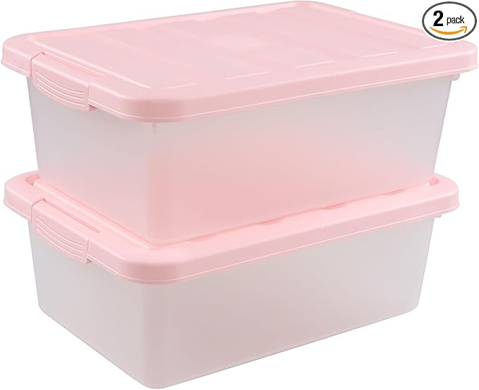 14 Quart Plastic Latching Storage Box, Plastic Underbed Storage Bin with Pink Lids, 2 Packs