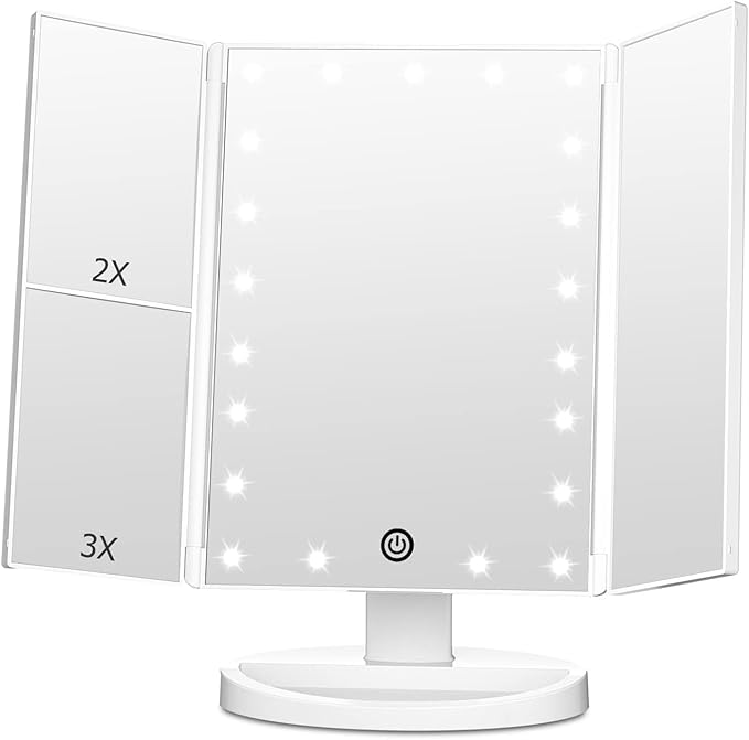 FASCINATE Trifold Vanity Mirror with Lights, Lighted Makeup Mirror 2X/3X Magnification, 21 LED Touch Dimming, Dual Power 180° Rotation Lit Beauty Table Mirror, Make up Mirror with Lighting