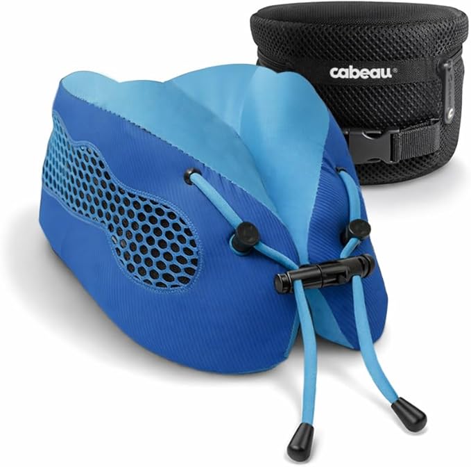 Evolution Cool Travel Neck Pillow by Cabeau - Cooling Airflow Vents, Memory Foam Neck Support, and Adjustable Clasp - Comfort On-The-Go with Carrying Case - Airplane, Train, Car, and Gaming (Blue)