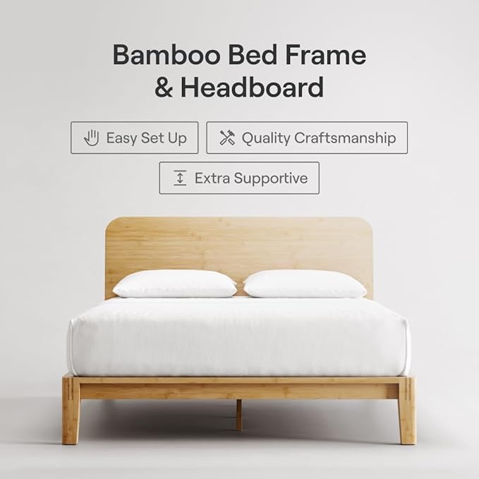 Nectar Bamboo Platform Bed Frame & Headboard - Natural - Full - Floating Center Support Legs - 12” Height - Easy Tool Free Set Up - Contemporary - Sturdy Wooden Support Slats - Holds Up To 800 Pounds