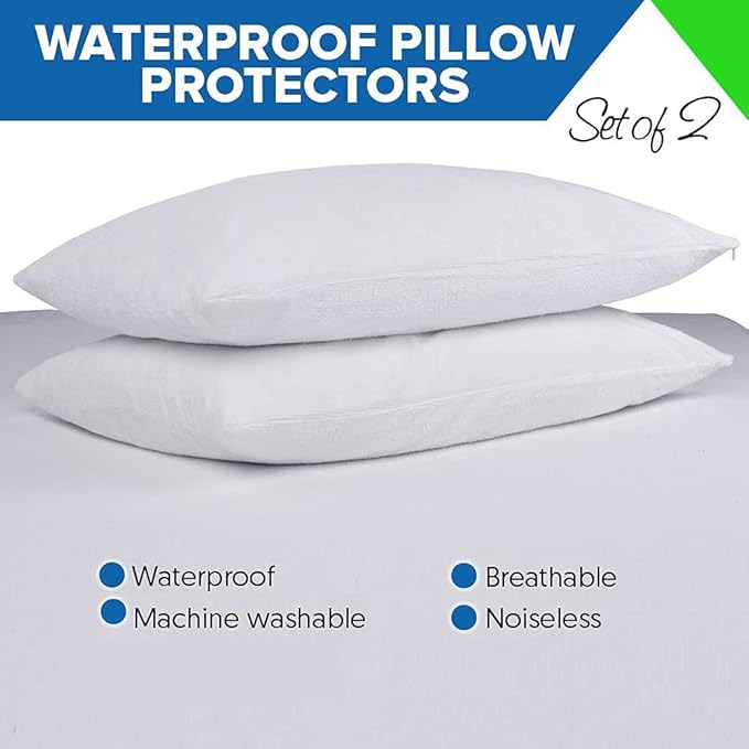 PlushDeluxe Pillow Protectors Queen Size 20”x32”, Set of 2 Zippered Pillow Encasements Made with Breathable Soft Cotton Terry Fabric, 100% Waterproof, Hypoallergenic, Bed Bug & Dust Mite Proof