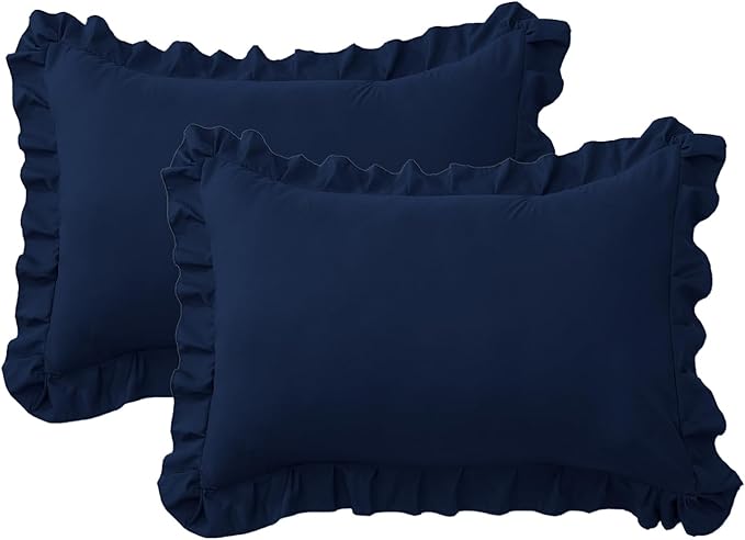 Ruffle Pillow Cases Queen Size Set of 2 – Soft Wrinkle Resistant Brushed Microfiber Ruffled Pillowcases –Envelope Pillow Shams Cover Festive Gift for Hotels, Guest Rooms 20x30 Inch (Navy Blue)