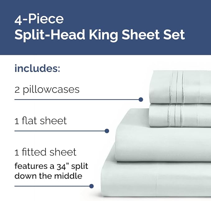 Flex Top Split Head King 4 Piece Sheet Set - Soft, Breathable & Cooling Bed Sheets Set - Hotel Luxury Bedding for Women & Men with Deep Pockets - Wrinkle Free & Fade Resistant - Oeko-Tex - Ice Blue