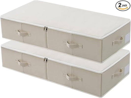 Under Bed Storage Bins with Lids, Closet Organizers, Foldable Under-bed Storage Baskets for Sheets, Clothes, Quilts, Sweaters, Wrapping Paper, 35x16.5x7inch, Beige, 2PCS
