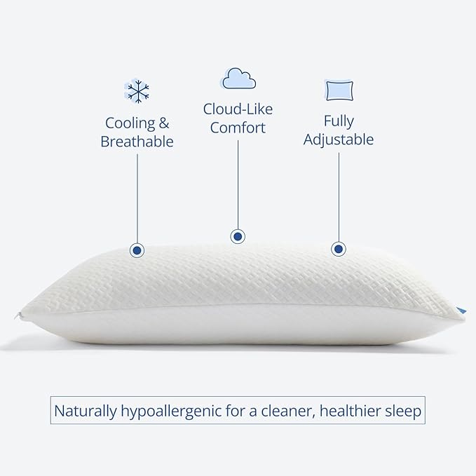 Cosy House Collection Luxury Rayon Derived from Bamboo Shredded Memory Foam Pillow - Adjustable & Removable Fill - Cool & Breathable Cover with Zipper for Side, Back, & Stomach Sleepers (Queen)