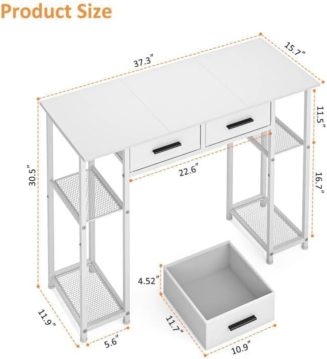 DAOUTIME White Computer Desk with Drawers, 37.3 Inch Home Office Work Desk with Storage Shelf, Kids Teens Study Table for Small Space, Small Writing PC Table for Bedroom Makeup Vanity Desk
