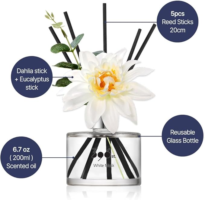 396 st. Dahlia Flower Reed Diffuser, White Musk, 200ml(6.7oz) / Reed Diffuser Sets, Home Fragrance, Scented Oils, Home & Bathroom Décor