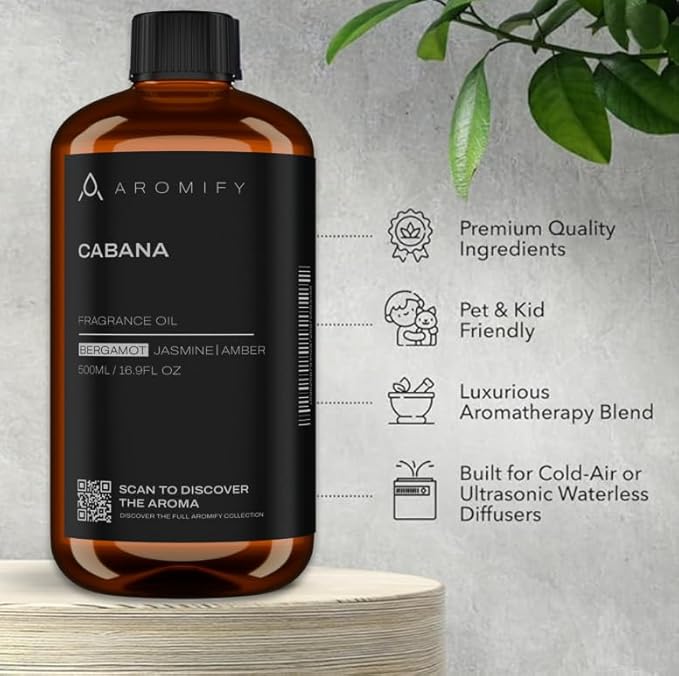Cabana Diffuser Oil,16.9 FL Oz, 500 mL Diffuser Fragrance Oil for Home, Spa & Office, Luxury Hotel Blend of Natural Essential Oil, Bergamot, Jasmine & Amber Scents