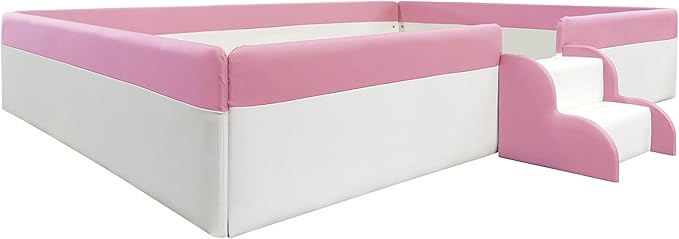 Merax Full Size Daybed Frame with Fence, Stairs, Upholstered Wood Bed for Living Room, Floor Bed, White+Pink