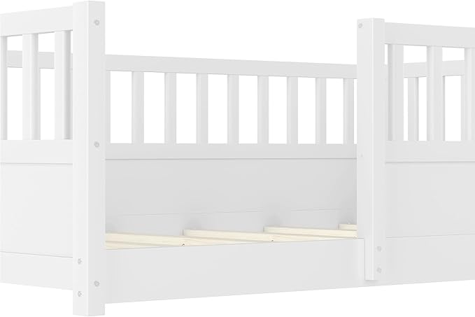 Bellemave Full Size Floor Bed with High Fence, Montessori Bed with Slats and Guardrails, Full Size Montessori Floor Beds Frame for Kids, Girls, Boys, White