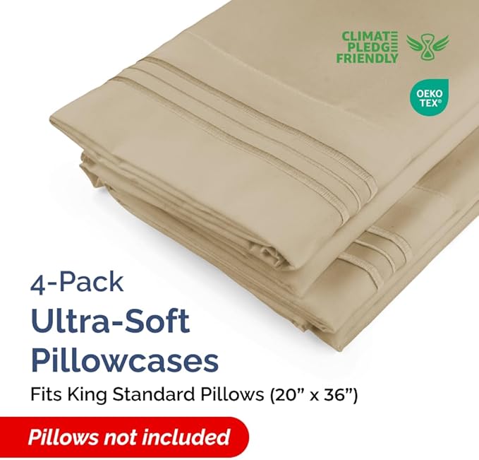 King Standard Pillow Cases Set of 4 - Soft Hotel Quality Pillowcase Covers - Comfy Bedding for Women, Men, Kids & Teens - Machine Washable Pillow Protectors - 4 Piece Set - King Standard Size Beige