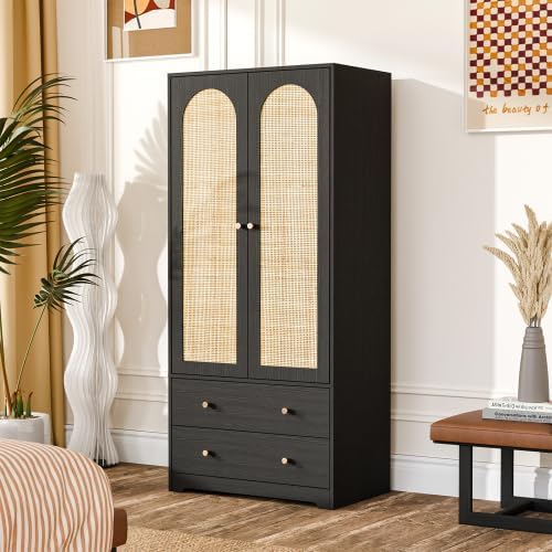 VINGLI Wardrobe Closet with Doors and Drawers, Rattan Armoire Closet with Hanging Rod, Rattan Armoire with Shelves and Doors, Wooden Wardrobe for Hanging Clothes, Black