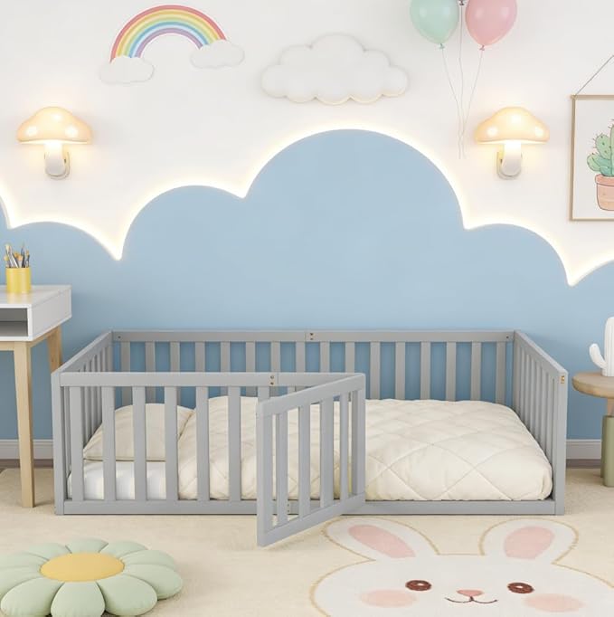Bellemave Twin Size Montessori Floor Bed with 21.7" High Rails, Pine,Plywood Floor Bed with Small Door, Grey