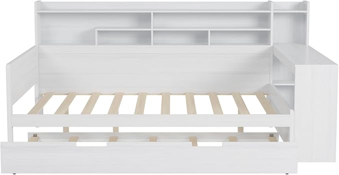 Merax Full Size Corner Bed Frames with Desk and Trundle & Storage Shelves Headboard, Pinewood U-Shaped Captain Daybed, Full Corner Bed Frames for Small Room, Bedroom, Guest Room, Kids' Room, White