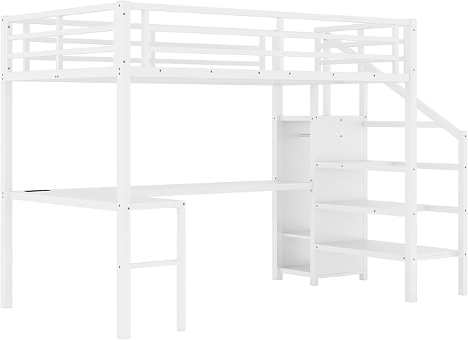 Full Size Loft Bed with Desk and Wardrobe, Metal Heavy Duty Loft Bed with Storage Stairs, LED Lights, USB Port, LoftBed Frames for Kids, Junior, Space Saving, Noise Free (White, Full)