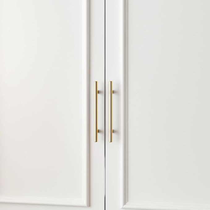 FUFU&GAGA Wardrobe Closet with 4 Doors, Modern White Bedroom Armoire with Gold Handles, Modern Clothes Storage Cabinet with Shelves & Hanging Rod for Cloakroom, 31.7”W x 19.3”D x 74.8”H