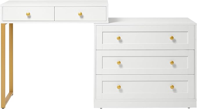FansaFurn 5-Drawer L-Shaped Vanity Table, Extendable Makeup Vanity Desk with Storage, Modern Dressing Table for Bedroom, Dressing Room, White