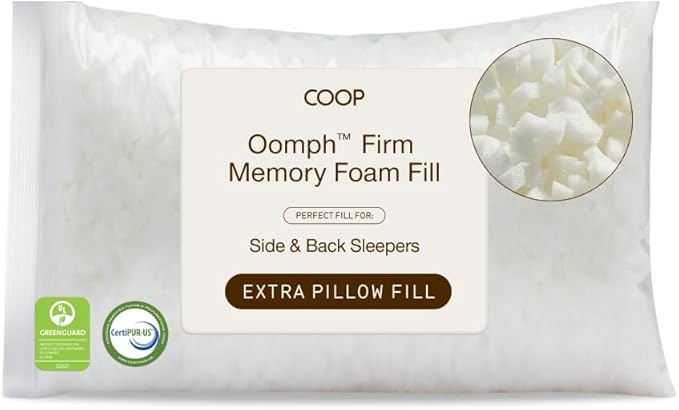 Coop Home Goods Extra Oomph Firm Fill, Cross-Cut Memory Foam, Extra Fill Bag, Refill to Customize Your Premium Adjustable Pillow, GREENGUARD Gold and CertiPUR-US Certified
