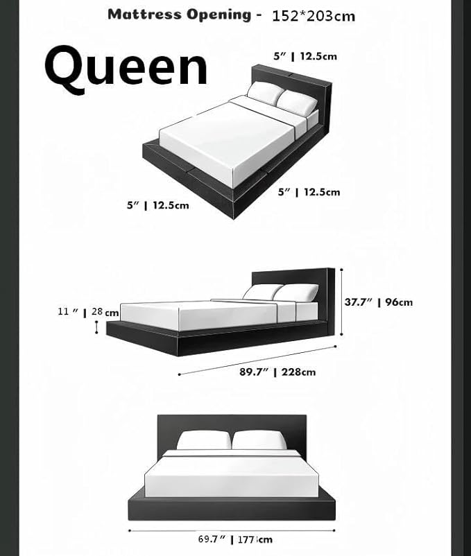 Square Bed – Washable Cover - Soft Upholstered Linen - Minimalist Modern - Sold Separately (Waterproof Black Linen, Queen Base)