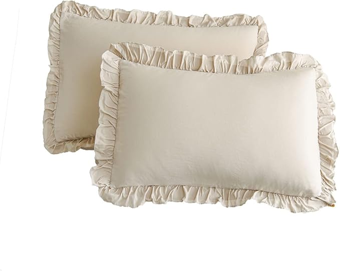 Beige Pillowcases Ruffled Pillow Shams Beige Grey Ruffle Queen Pillowcases Set of 2 Shabby Chic Pillowcases 2 Pack