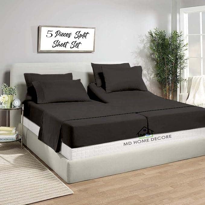5 Piece Split King Sheet Set, 100% Egyptian Cotton, 16 Inch Deep Pockets, Dark Grey Solid, Soft Cooling Sheets for Adjustable Beds, Sleep Number Beds, Split King Mattress Sheet Set