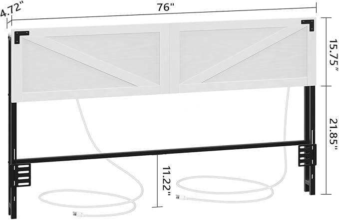 MAHANCRIS King Size Headboard Only, Headboard with 2 Outlets and 2 USB Ports, Farmhouse Headboard, with LED Lights, Secure Storage with Raised Fence, with Bed Frame Adapter, White and Black