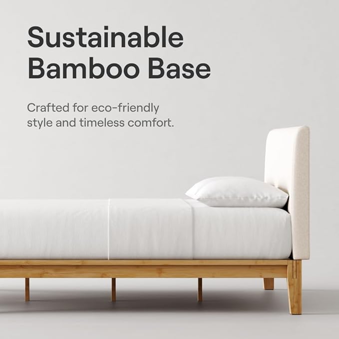 Nectar Bamboo Platform Bed Frame & Upholstered Headboard - Twin - Natural/Linen - Floating Center Support Legs - 12” Height - Easy Tool Free Set Up - Sturdy Wooden Slats - Holds Up To 500 lbs