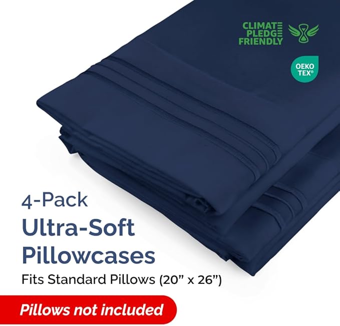 Standard Pillow Cases Set of 4 - Ultra Soft Hotel Quality Pillowcase Covers - Comfy Bedding for Women, Men, Kids & Teens - Machine Washable Pillow Protectors - 4 Piece Set - Standard Size Navy Blue