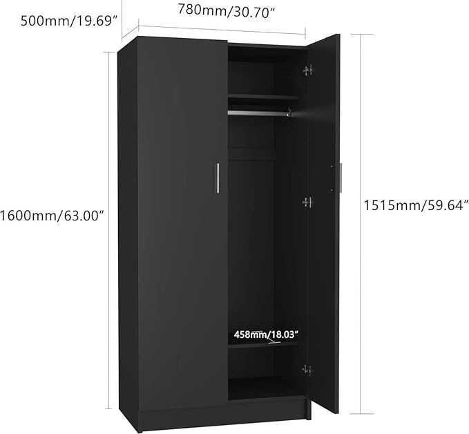Panana 2 Door Wood Wardrobe Cabinet Closet with Hanging Rail and 2 Shelves, Bedroom Armoire for Storage (Black)