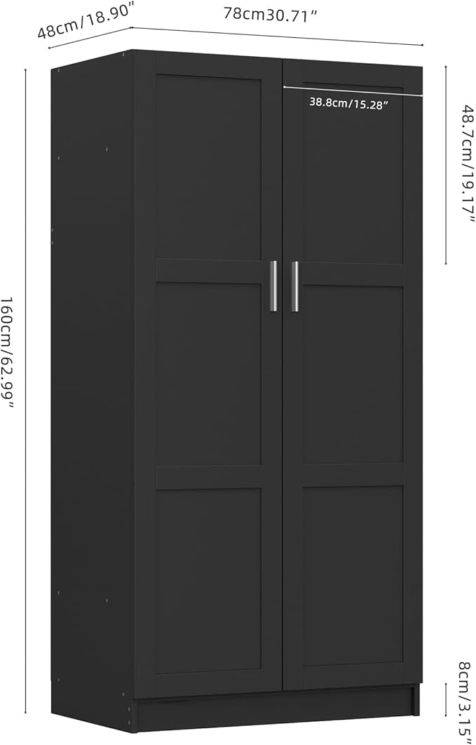 Panana Modern 2 Door Wardrobe Bedroom Armoires Closet Clothing Storage Cupboard with 2 Shelves & Hanging Rod for Bedroom (Black)
