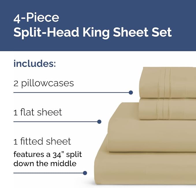 Flex Top Split Head King 4 Piece Sheet Set - Ultra-Soft, Breathable & Cooling Bed Sheets Set - Hotel Luxury Bedding for Women & Men with Deep Pockets - Wrinkle Free & Fade Resistant - Oeko-Tex - Beige