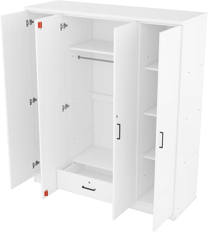 67.9" H Large Wardrobe Closet with 4 Doors, Freestanding Armoire Wardrobe Closet with Locking Drawer, Shelves and Hanging Rod, Wooden Bedroom Coat Closets Cabinet for Clothes, White