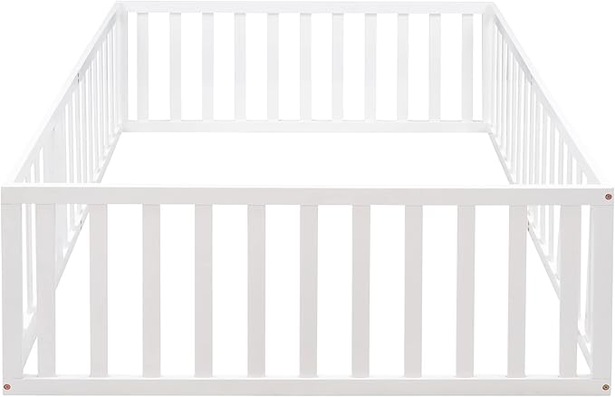 Bellemave Full Size Montessori Floor Bed with 21.7" High Rails, Pine,Plywood Floor Bed with Small Door, White