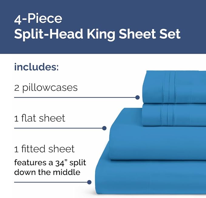 Flex Top Split Head King 4 Piece Sheet Set - Ultra-Soft, Breathable & Cooling Bed Sheets Set - Hotel Luxury Bedding for Women & Men with Deep Pockets - Wrinkle and Fade Free - Oeko-Tex - Denim Blue