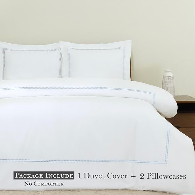 Dreamology White Duvet Cover Luxury Hotel Quality Bedding Set 100% Cotton Embroidered Duvet Covers with 2 Pillow Shams Hypoallergenic Zipper Closure 3 Pieces Duvet Set (Sky Blue, Full)