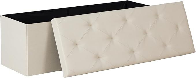 DUMOS 43 Inch Folding Storage Ottoman Bench, Large Hidden Storage Chest withThicker Foam Padded Seat, End of Bed Foot Rest Stool for Bedroom Living Room Entryway, Load 660 lbs, Beige