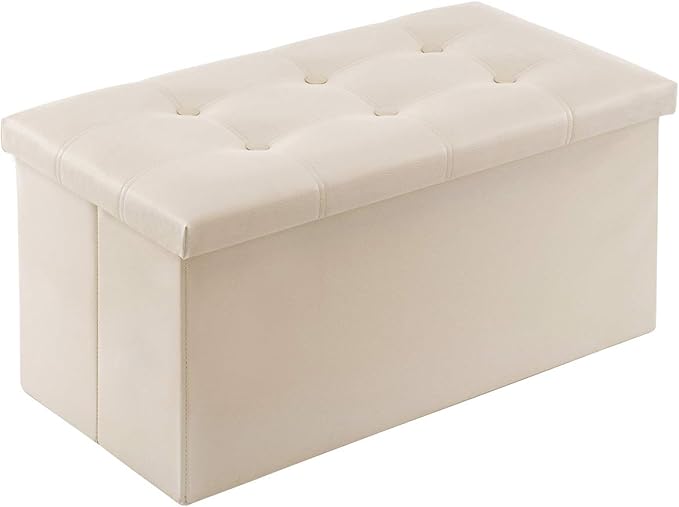 YOUDENOVA Folding Storage Ottoman, Faux Leather Ottoman Bench Footrest Ottoman, Storage Chest Padded Seat for Bedroom and Living Room, Beige,15" D x 30" W x 15" H