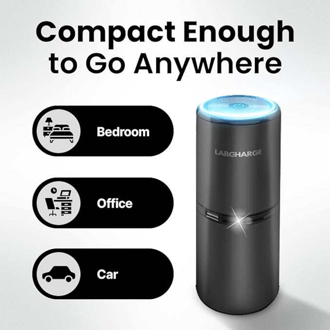 Lab Charge Small Ionic Air Purifier for Home & Bedroom – Silent HEPA Filter – Covers 250 Sq Ft - Free Cleaner for Pets, Hair, Smoke, Dust, Odors & Dander – Compact & Black Design