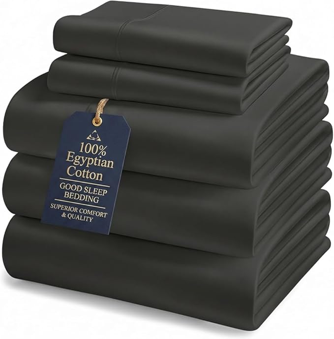 Good Sleep Bedding Split King Sheet Set for Adjustable Bed, 5 Piece, 100% Egyptian Cotton King Split Sheets for Adjustable Bed, Sateen Weave, 16" Deep Pocket Sheet Set - Black