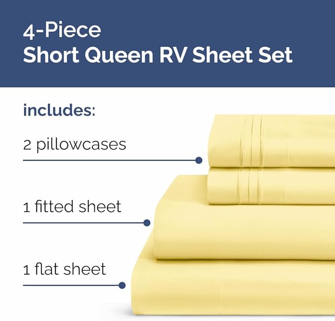 Short Queen Size 4 Piece Sheet Set - RV Short Queen, Ultra-Soft, Breathable & Cooling Bed Sheets Set with Deep Pockets - Hotel Luxury Bedding for Women & Men - Wrinkle Free & Fade Resistant - Yellow