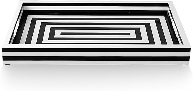 Handicrafts Home Decorative Tray for Coffee Table, Black and White Concentric Ottoman Tray 17 x 11 Inch, Handmade Resin Inlay Centerpiece Tray for Living Room, Modern Serving Tray for Home Decor