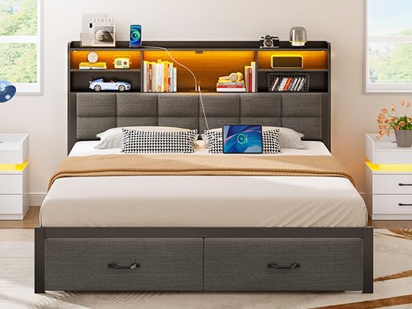 Rolanstar Bed Frame Queen Size with Drawers and Charging Station, Upholstered Platform Bed with Storage Headboard and LED Light, Heavy Duty Metal Frame Support, No Box Spring Needed, Noise Free, Grey