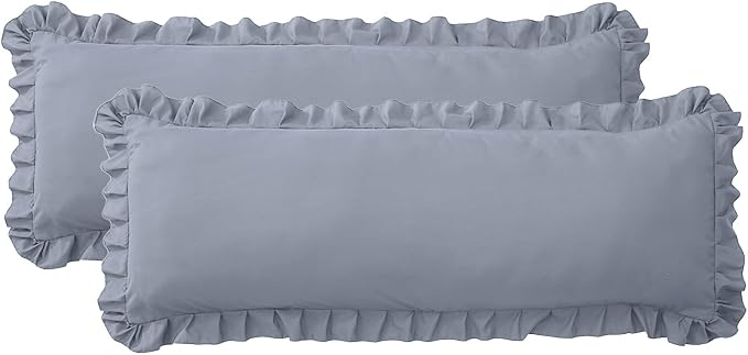 Ruffled Body Pillow Pillowcases Set of 2 – Soft Wrinkle Resistant Brushed Microfiber Body Pillowcases –Envelope Pillow Shams Festive Gift for Hotels, Guest Rooms 20x54 Inch (Silver Gray)